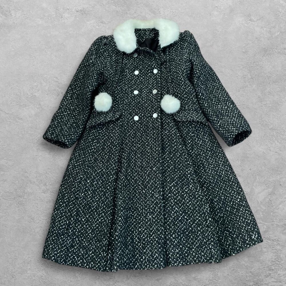 Vintage Rothschild Girls Black White Wool Coat Size 12 Holiday
